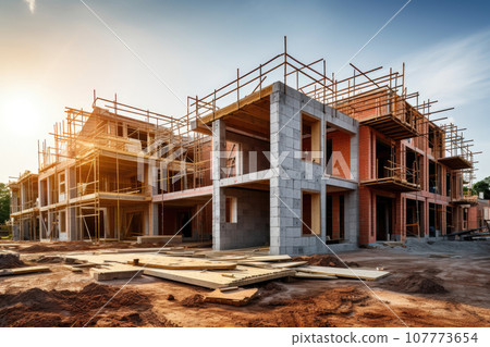 Building new house. Red bricks at construction site. Generative AI 107773654