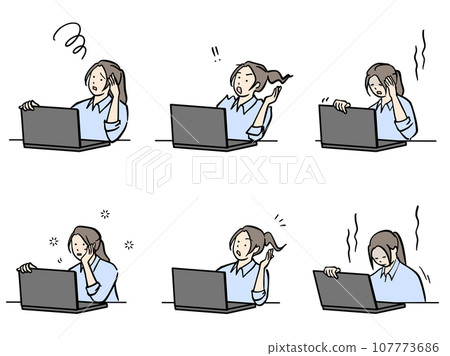 一組表情各異的女性使用電腦 107773686
