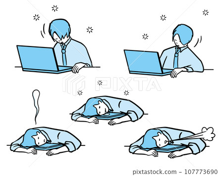 Monochrome illustration set of a tired businessman dozing off in front of a computer Monochrome illustration set of a tired businessman dozing off in front of a computer 107773690