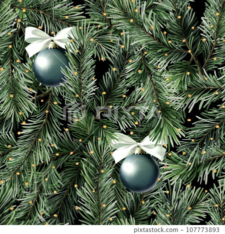 Christmas seamless pattern with balls and fir branches. Hand drawn dark Christmas background. 107773893