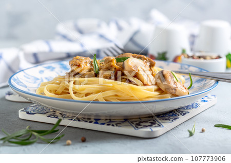 Pasta (linguini) with mushrooms. Pasta (linguini) with mushrooms. 107773906