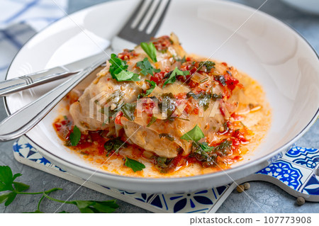 Cabbage rolls with meat and bulgur or rice. Cabbage rolls with meat and bulgur or rice. 107773908