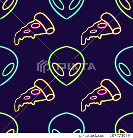 seamless pattern alien and pizza glowing desktop icon, neon alien and pizza sticker, neon figure, glowing figure, neon geometrical figures  107773959