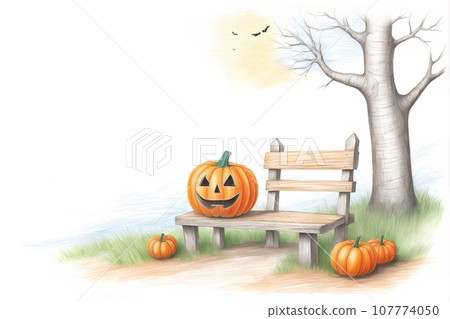 Jack-o-lantern on the bench, colored pencil sketch style (AI image) 107774050