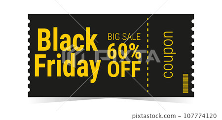 Black Friday sale ticket coupon template layout. Black and yellow design. Coupon with a big discount. Simple design. Isolated vector illustration white background. Black Friday sale ticket coupon template layout. Black and yellow design. Coupon with a big discount. Simple design. Isolated vector illustration white background. 107774120