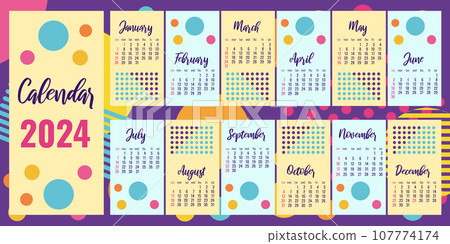 2024 calendar happy new year. Design style of the 90s. Layout template. Design poster, banner. Vector illustration. 107774174
