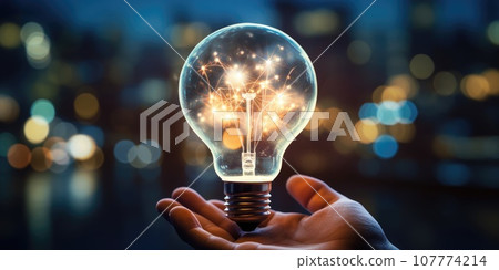 The concept of the development of an idea in the form of a light bulb in the hands of a businessman. generative ai 107774214