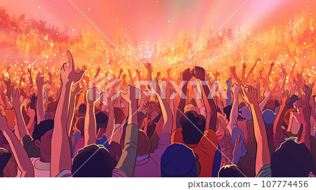 Crowd raising their hands at music concert. Audience enjoying rock, dance, edm and club festival party. Cartoon painting illustration 107774456
