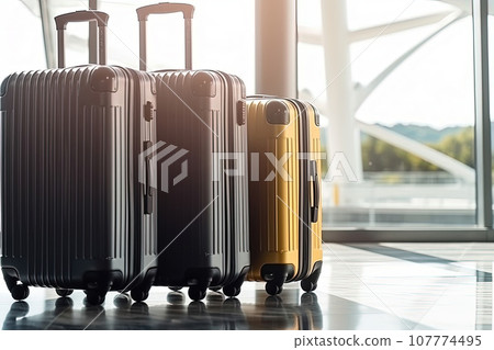 Luggage suitcases at the airport wide banner with copy space area for vacations and holiday travel concepts 107774495