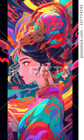 手绘卡通动漫唯美的中国古装女孩插画 107774545