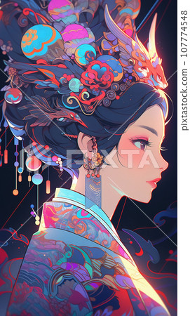 手绘卡通动漫唯美的中国古装女孩插画 107774548