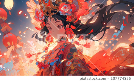 手绘卡通动漫唯美的中国古装女孩插画 107774556