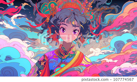 手绘卡通动漫唯美的中国古装女孩插画 107774567