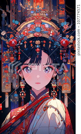 手绘卡通动漫唯美的中国古装女孩插画 107774571