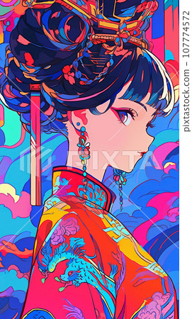 手绘卡通动漫唯美的中国古装女孩插画 107774572