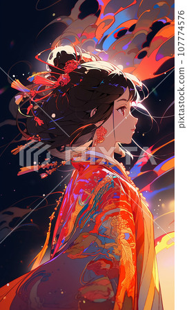 手绘卡通动漫唯美的中国古装女孩插画 107774576