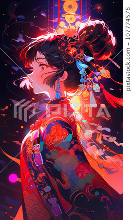 手绘卡通动漫唯美的中国古装女孩插画 107774578