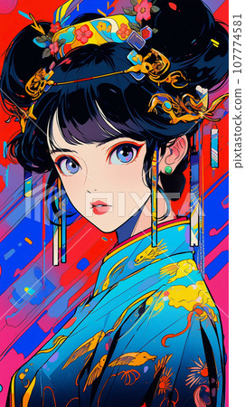 手绘卡通动漫唯美的中国古装女孩插画 107774581