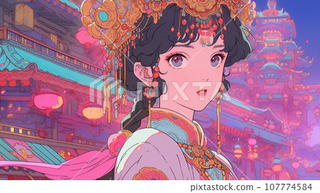 手绘卡通动漫唯美的中国古装女孩插画 107774584