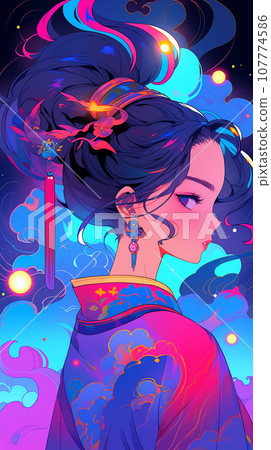 手绘卡通动漫唯美的中国古装女孩插画 107774586