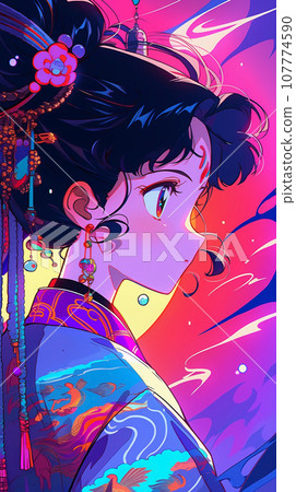 手绘卡通动漫唯美的中国古装女孩插画 107774590