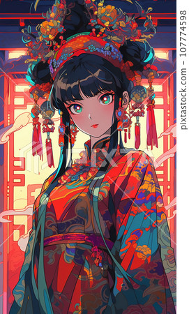 手绘卡通动漫唯美的中国古装女孩插画 107774598