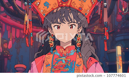 手绘卡通动漫唯美的中国古装女孩插画 107774601