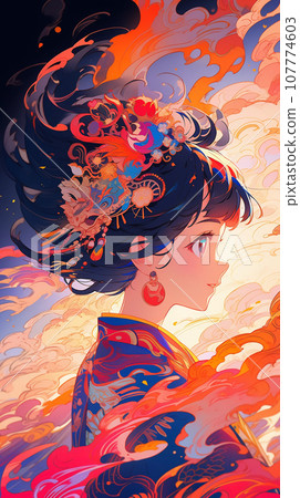 手绘卡通动漫唯美的中国古装女孩插画 107774603