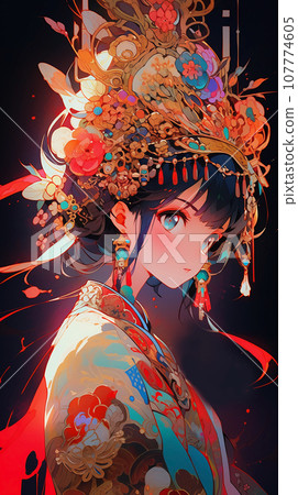 手绘卡通动漫唯美的中国古装女孩插画 107774605