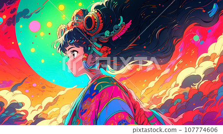 手绘卡通动漫唯美的中国古装女孩插画 107774606