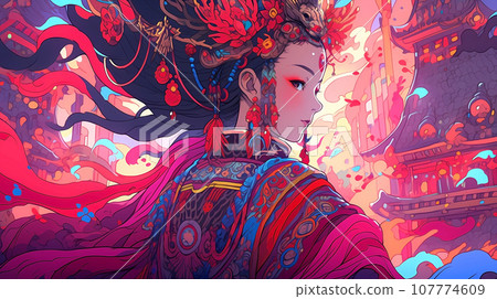 手绘卡通动漫唯美的中国古装女孩插画 107774609