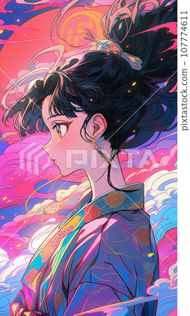 手绘卡通动漫唯美的中国古装女孩插画 107774611