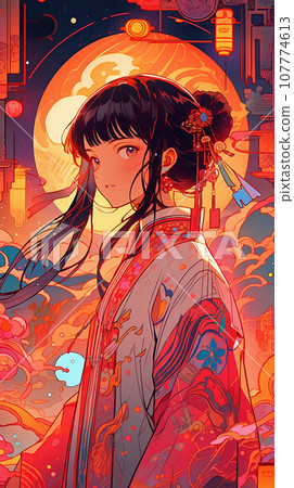 手绘卡通动漫唯美的中国古装女孩插画 107774613