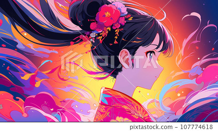手绘卡通动漫唯美的中国古装女孩插画 107774618