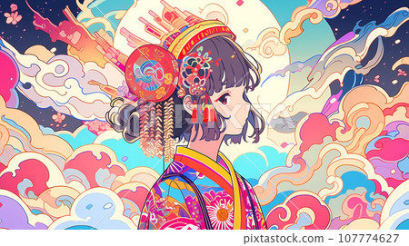 手绘卡通动漫唯美的中国古装女孩插画 107774627