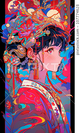 手绘卡通动漫唯美的中国古装女孩插画 107774628