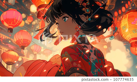 手绘卡通动漫唯美的中国古装女孩插画 107774635