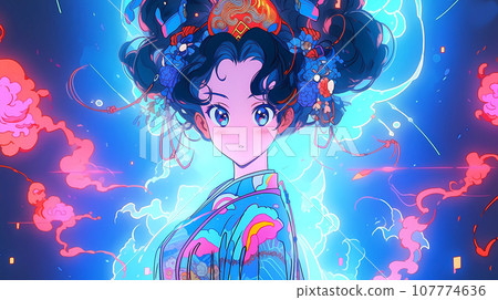 手绘卡通动漫唯美的中国古装女孩插画 107774636