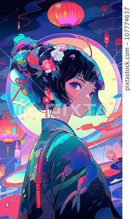 手绘卡通动漫唯美的中国古装女孩插画 107774637