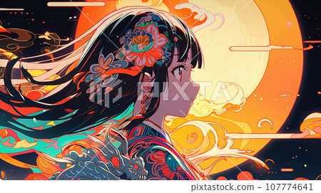 手绘卡通动漫唯美的中国古装女孩插画 107774641