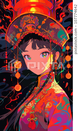 手绘卡通动漫唯美的中国古装女孩插画 107774642