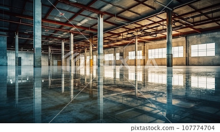 Industrial building or modern factory for manufacturing production plant or large warehouse, Polished concrete floor clean condition and space for industry product 107774704
