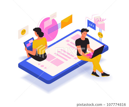Social media. Mobile internet chat. Network in phone. Digital smartphone app. Couple online communication. People sitting on device screen. Sending messages. Vector isometric design Social media. Mobile internet chat. Network in phone. Digital smartphone app. Couple online communication. People sitting on device screen. Sending messages. Vector isometric design 107774816