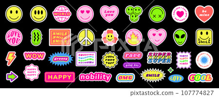 Y2K stickers. Cute smile icons. Retro emoji elements. 90s cool groovy flower. Trendy fire symbol. Alien smiley. Rave vibes. Awesome and happy. Funny word labels. Vector graphic shapes set 107774827