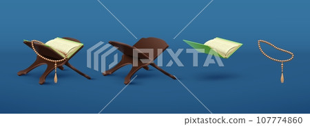 3d Quran. Islam book reading. Ramadan prayer holy element with bead rosary decor. Religious bible on lauh. Eid Mubarak. Islamic namaz. Praying wooden table. Vector render objects set 107774860