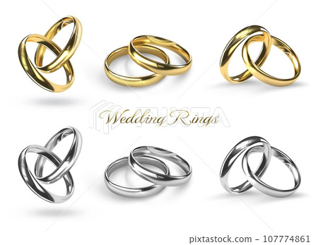 Gold and silver rings. Realistic isolated Jewelry, golden heart and love objects, symbol of two love, groom and bride ceremonial engagement luxury accessories. 3d jewel vector illustration 107774861