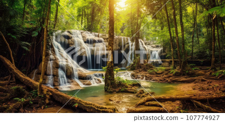 Panoramic beautiful deep forest waterfall in Thailand 107774927