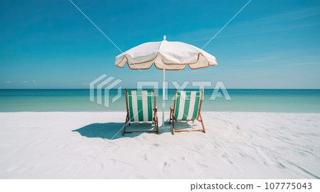 Beach chairs and an umbrella on a white sand beach 107775043