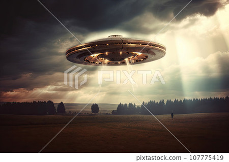 a UFO with bright lights in a dark cloudy sky, sci-fi, dramatic art created 107775419