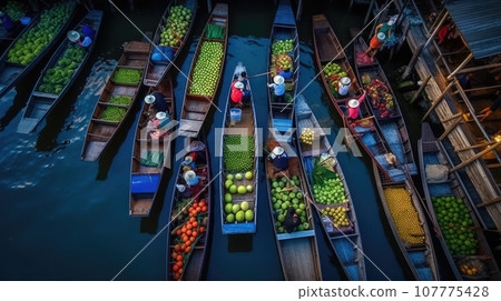 Aerial view famous floating market in Thailand, Damnoen Saduak floating market, Farmer go to sell organic products, fruits, vegetables and Thai cuisine, Tourists visiting by boat, Ratchaburi, Thailand 107775428